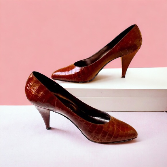 Mr. Jay Vintage 80's Italian Brown Croc Print Leather Pump Pointed Toe - Picture 3 of 16